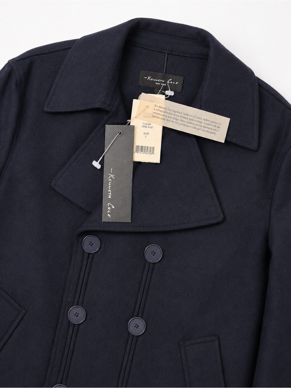 Kenneth Cole Mens Wool Blend Double Breasted Peacoat Navy Blue Large NWT - Picture 6 of 7